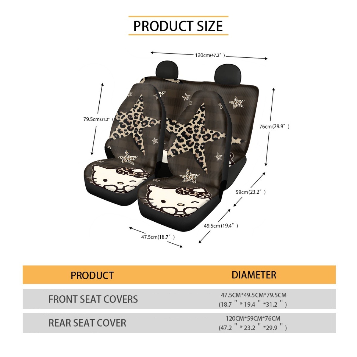 Custom-made car seat covers for independent online stores, featuring a coffee-colored leopard print and a Kitty cat design, to protect both the front and rear seats