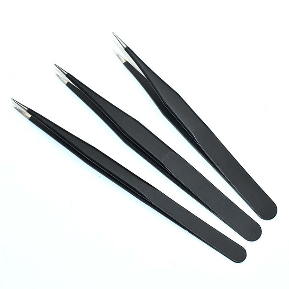 Pinzas de acero inoxidable al por mayor mano negro abrazadera punta pájaro nido recoger pelo manicura falsas pestañas pinzas anti-estática ESD image 6