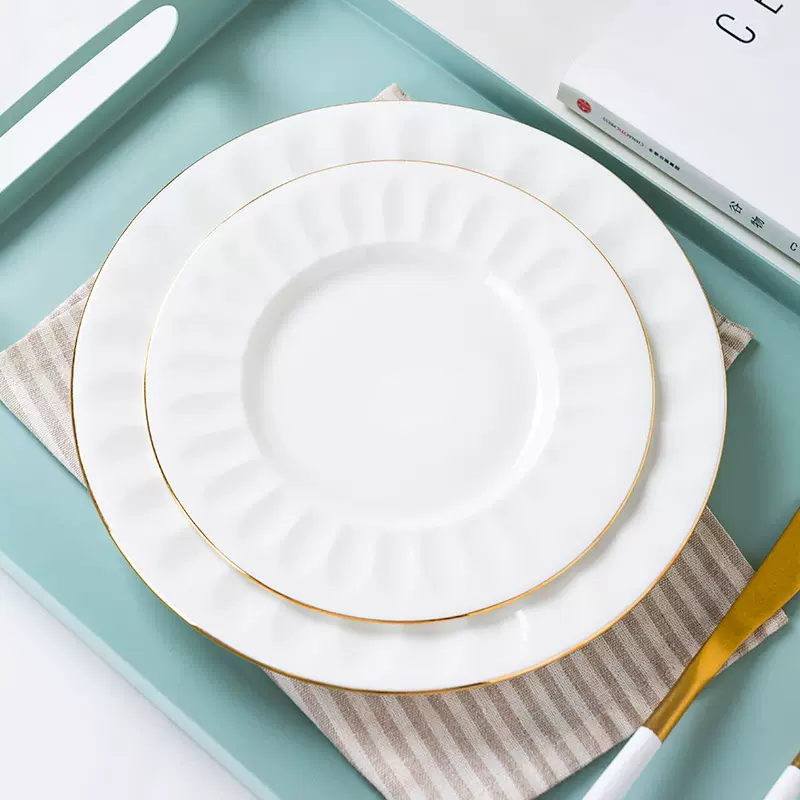 健康优质骨瓷餐具出口手工描金边平禅盘凹凸浮雕创意餐盘披萨牛排