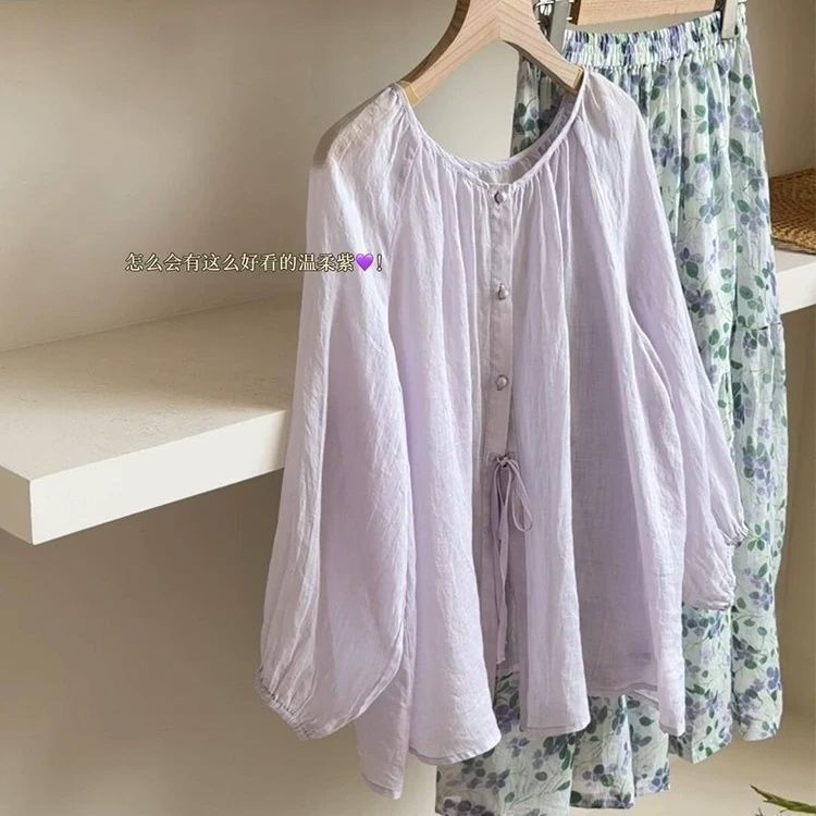 Lilac tie-dye lantern sleeve shirt for women, summer 2026 new French-style artistic and beautiful blouse, versatile top