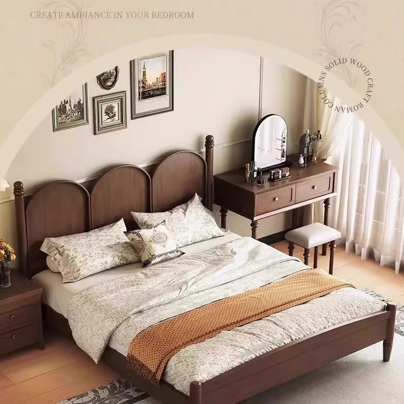Cama de madera maciza francesa retro color nuez americana dormitorio principal cama doble 1.51.8 estilo medieval moderno simple