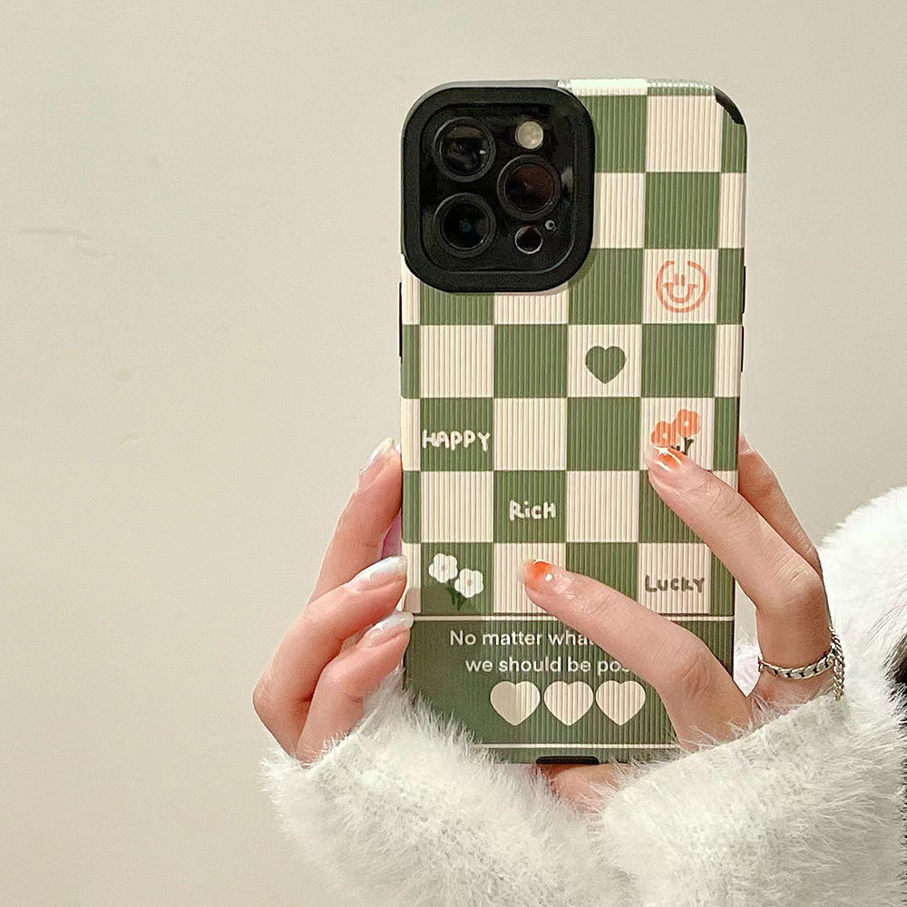 Phone Case For Iphone 13 Pro Max Apple 12 11 X Xr Green Grid Cover_voghion.com