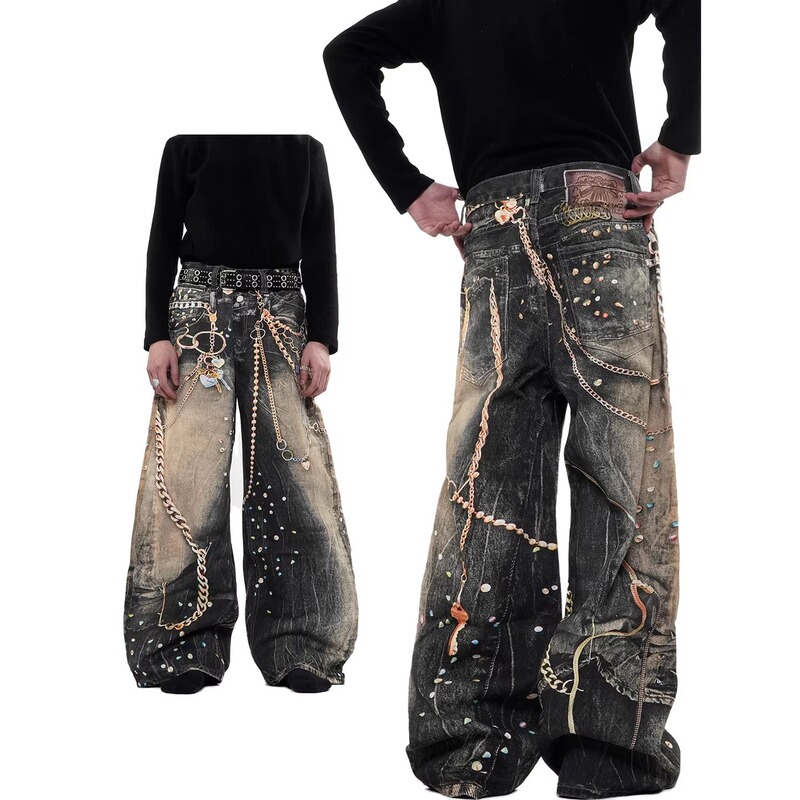 26Ss Chain 3D Digital Print Straight-Leg Jeans for Men, American Design Style, Loose Trendy Brand Wide-Leg Pants 26Ss Chain 3D Digital Print Straight-Leg Jeans for Men, American Design Style, Loose Trendy Brand Wide-Leg Pants