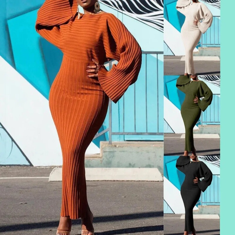 L0403 AliExpress Amazon European and American winter long-sleeve solid color ribbed bodycon dress L0403 AliExpress Amazon European and American winter long-sleeve solid color ribbed bodycon dress
