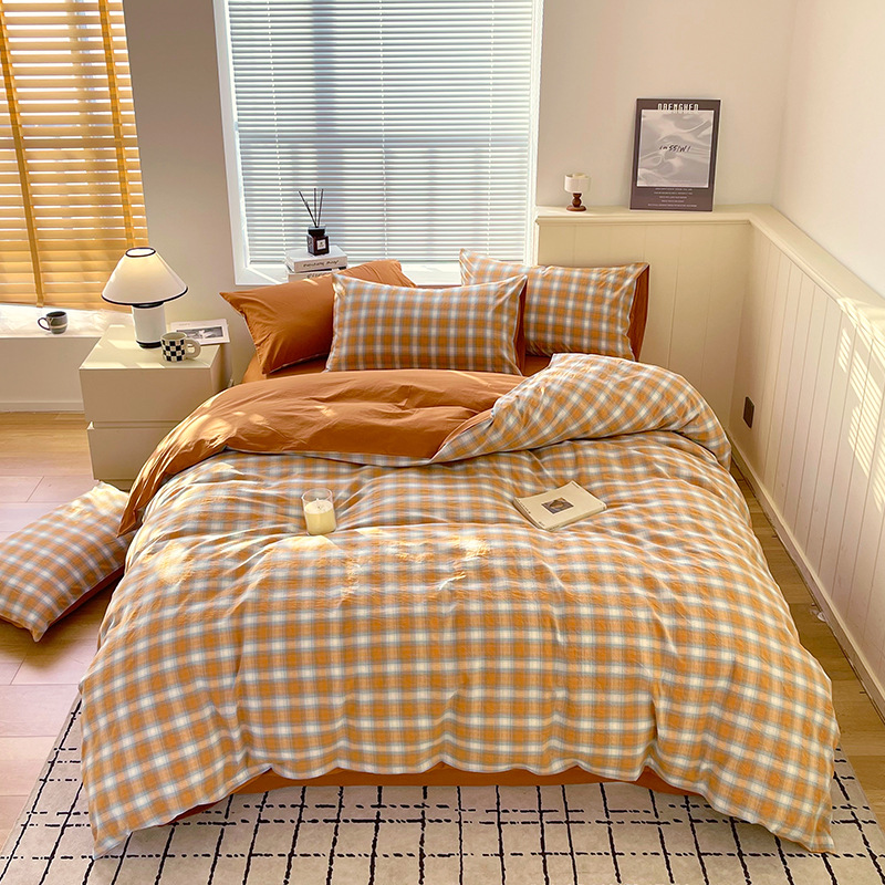 Juego de tres piezas de algodón lavado teñido en hilo, dormitorio de estudiantes universitarios, juego de literas, sábana, sábana, sábana, juego de cuatro piezas