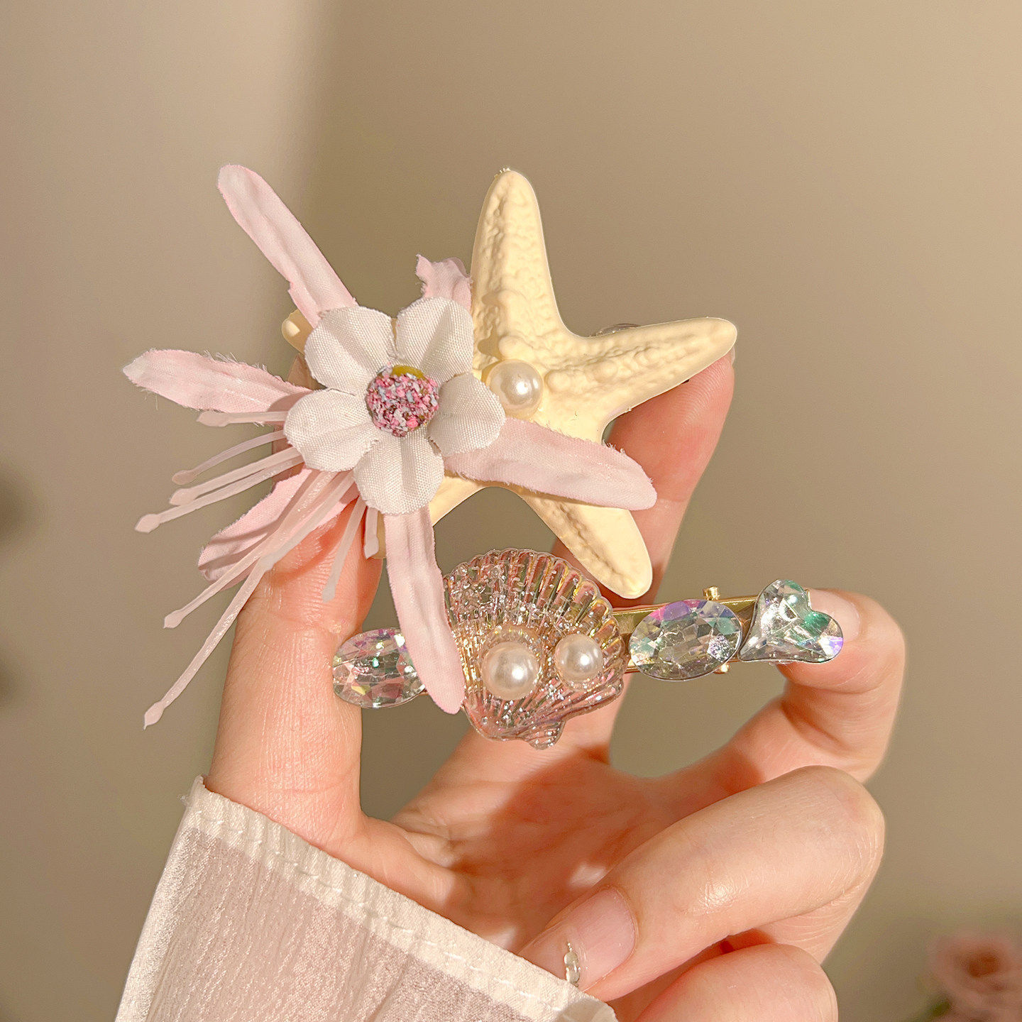 3# Nuevas pinzas para el cabello con forma de estrella de mar rosa y amarilla, juego de dos, aproximadamente 6 cm