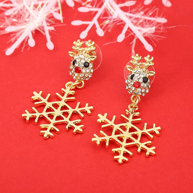 Christmas Snowflake Reindeer Drop Earrings With Silver Diamonds_voghion.com