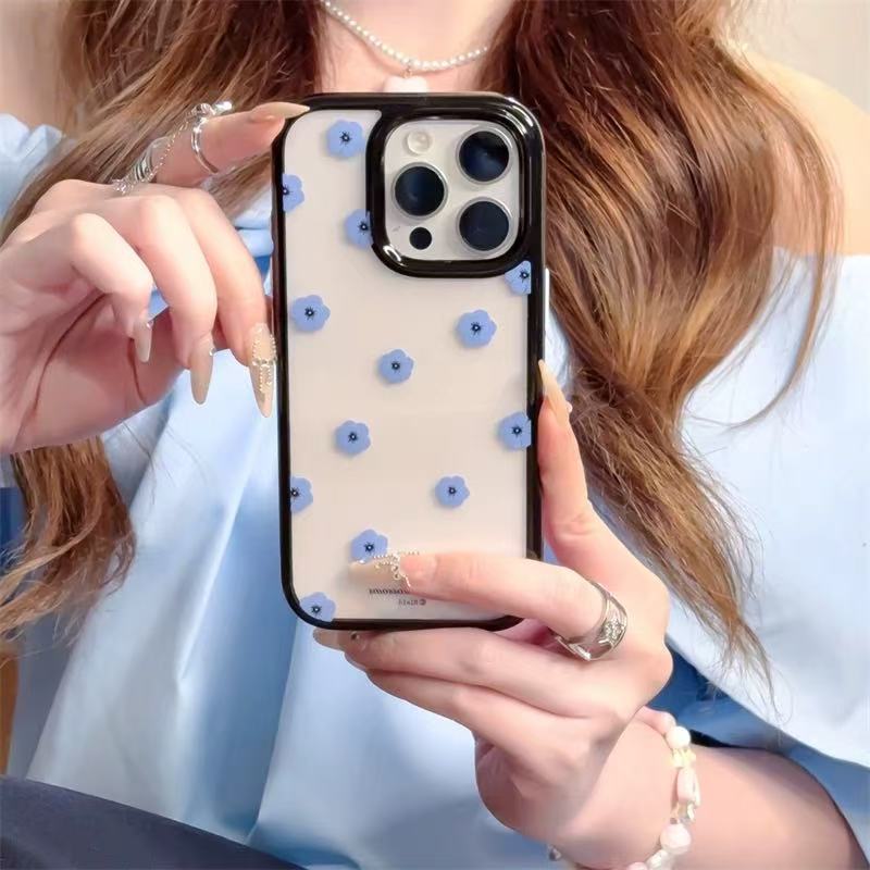 Ins coreanos flores azules simples y transparentes para iPhone16ProMax funda para teléfono móvil 13 Apple 14/15 hembra