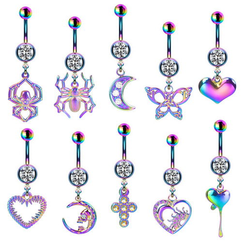 Gaibei European and American cross-border spray colorful navel ring spider cross gradient color heart-shaped moon pierced navel ornaments