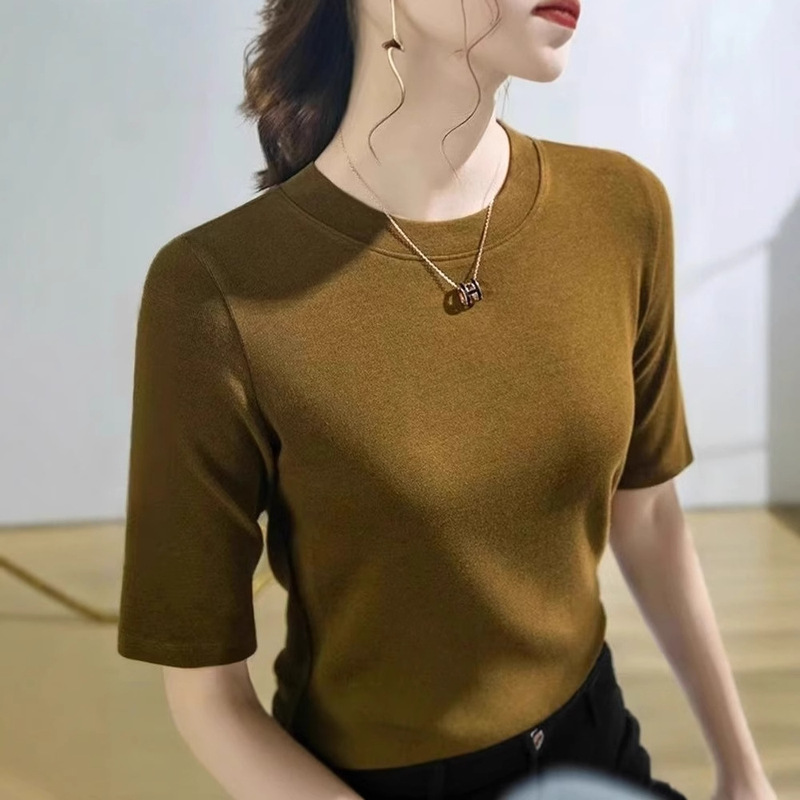 2025 Modal Small Vertical Collar Half Sleeve T-shirt Slim-fit All-match Half Sleeve Base Mid Sleeve Fashion Top