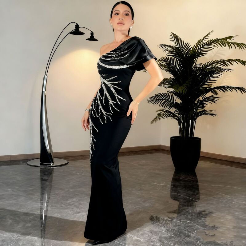 Cross-Border New Bandage Dress Sexy Evening Dress European and American Handmade Beaded Slim Long Dress Fashionable and Elegant Women's Clothing