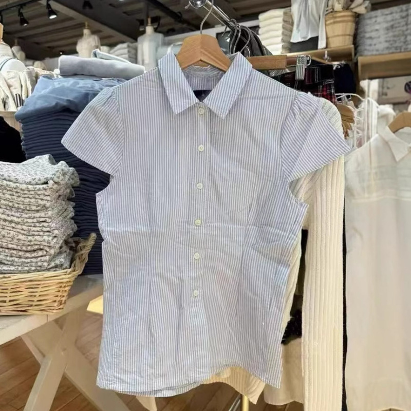 Bm Style Lapel Blue and White Stripesd Small Flying Sleeve Short-Sleeved Shirt Women's Waist Slimming Look T-Shirt Versatile Short Shirt Bm Style Lapel Blue and White Stripesd Small Flying Sleeve Short-Sleeved Shirt Women's Waist Slimming Look T-Shirt Versatile Short Shirt