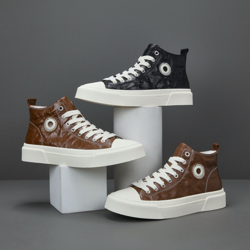 Cross-Border High-Top Shoes for Men, Trendy Shoes for Teenagers, Retro Trendy Sneakers, Genuine Leather, Breathable, Thick-Soled, Non-Slip, Wear-Resistant Sports Shoes