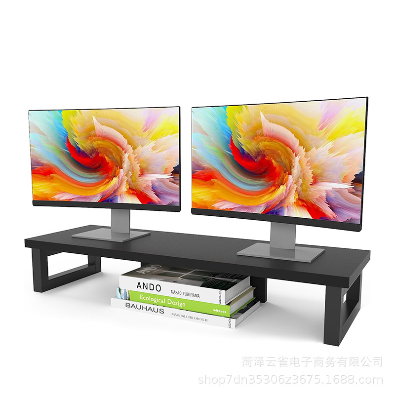 Dual Monitor Stand Wooden and Iron Computer Monitor Elevated Stand Multi-Functional Desktop Storage Rack Storage Rack