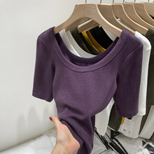 韩版时尚简约韩系大u领正肩短袖T恤女2025夏季新款百搭紫色上衣