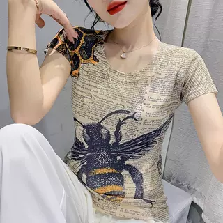 实拍#欧洲站2022夏装新款时尚印花卡通短袖T恤打底衫修身上衣女
