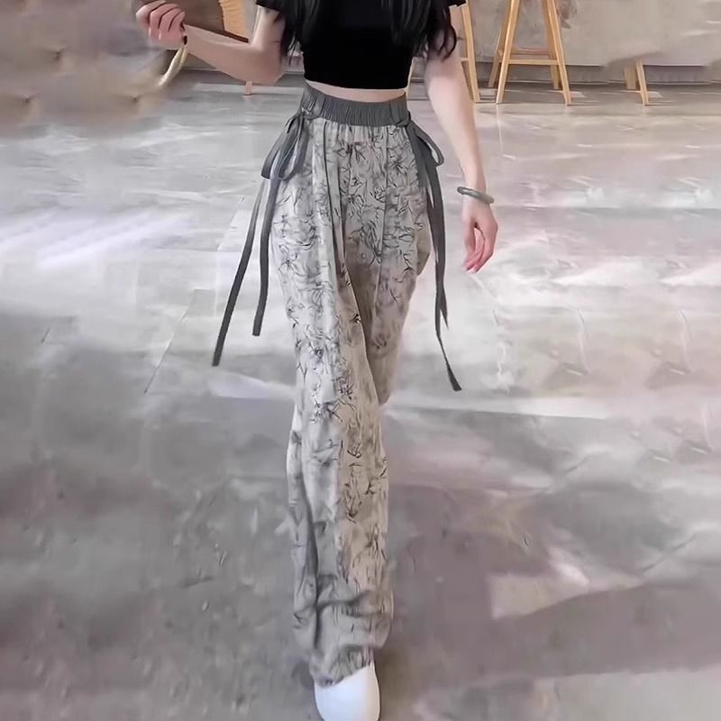 水墨花冰丝阔腿裤女2025新款夏季薄款高腰垂感大码宽松直筒休闲裤