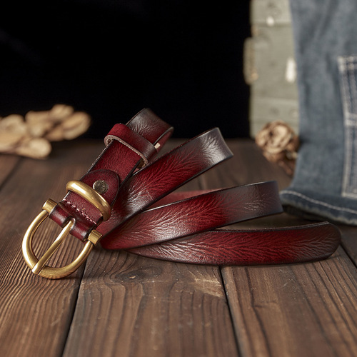 Handcrafted Women's Leather Belt: Premium-Grade, Stylish Pure Cowhide Waistband with Genuine Copper Pin Buckle—Perfect for Vintage Denim Pants