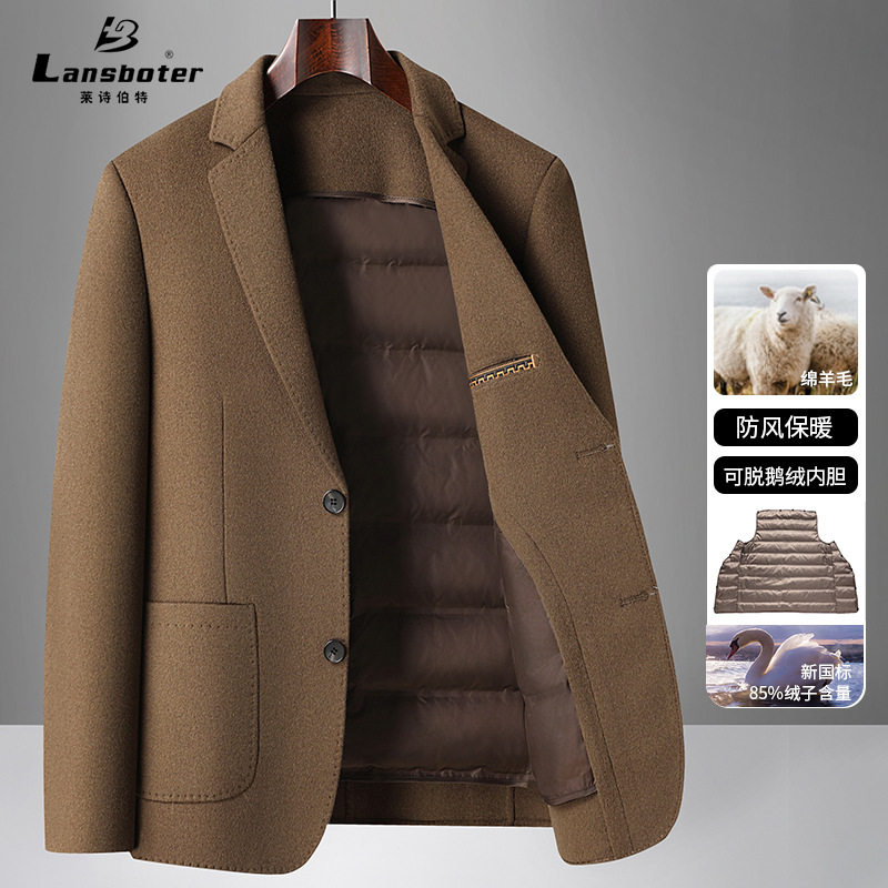 Áo vest nam len hai lớp lót lông ngỗng tháo rời, form ôm vừa, tay dài, cổ vest — Cà phê xám, Màu xanh hải quân đậm, con lạc đà, màu xám