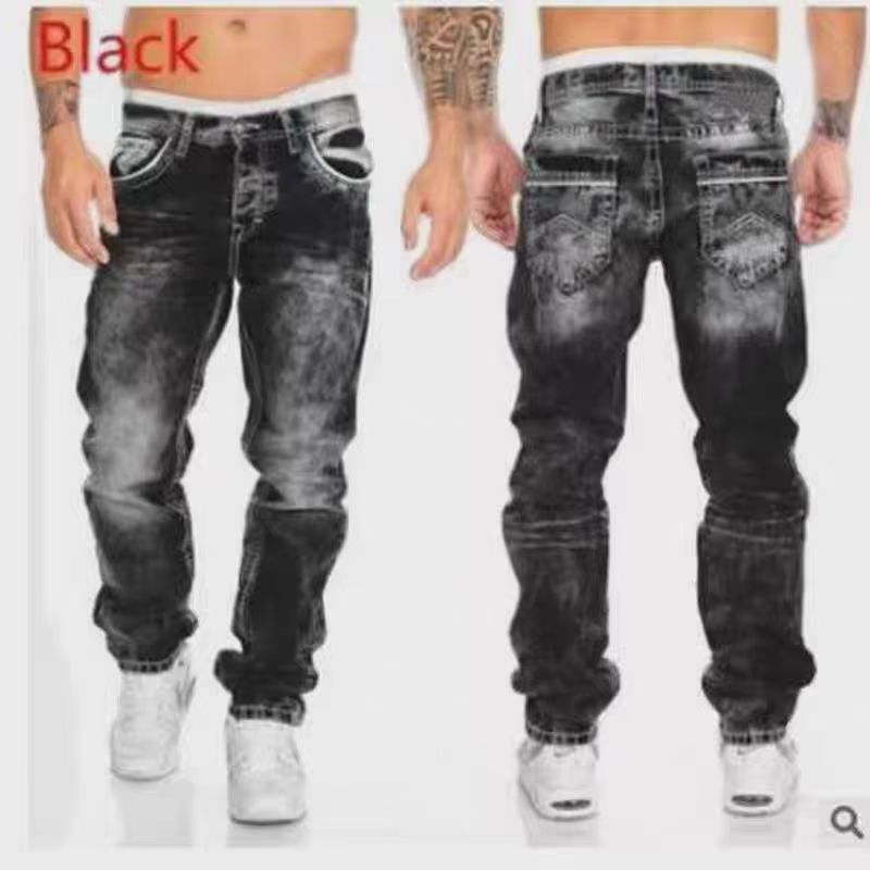 Men's Casual Distressed Straight Leg Jeans Trendy Hip Hop Pocket Trousers European American Style mid Waist Long Non-Stretch_mkmklike.com