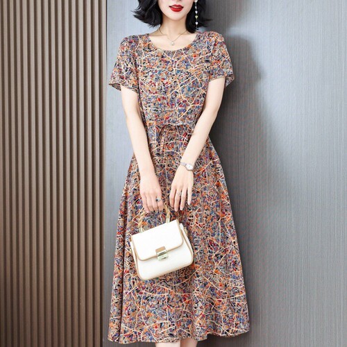 Women's Cotton Silk Dress for Middle-Aged and Elderly, 40-50 Years Old, Mother's Summer Short Sleeve Loose Medium Length Artificial Cotton Skirt