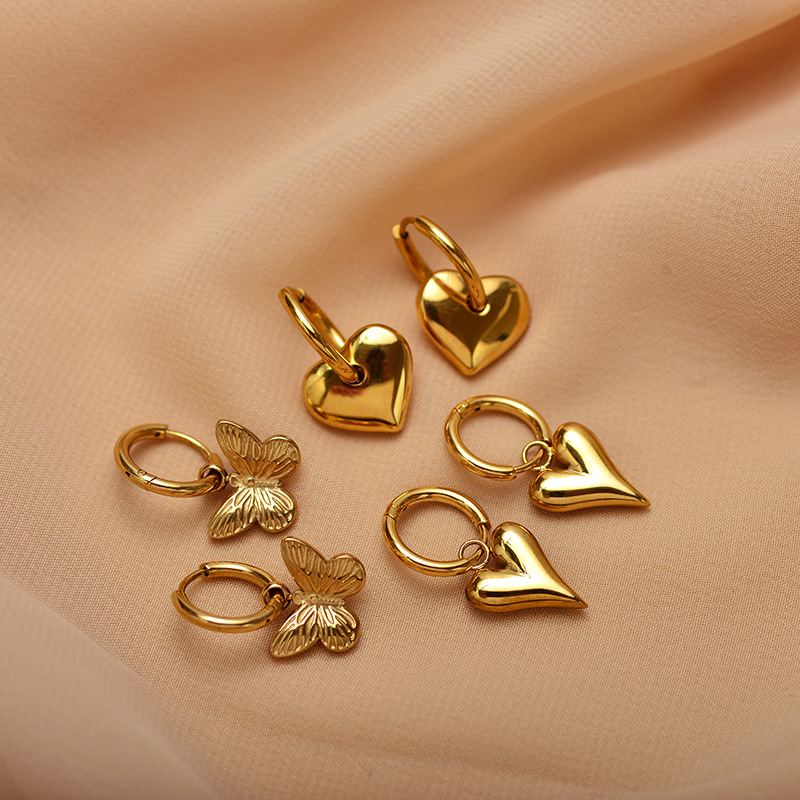 Retro Heart Shape Butterfly Copper Drop Earrings 1 Pair