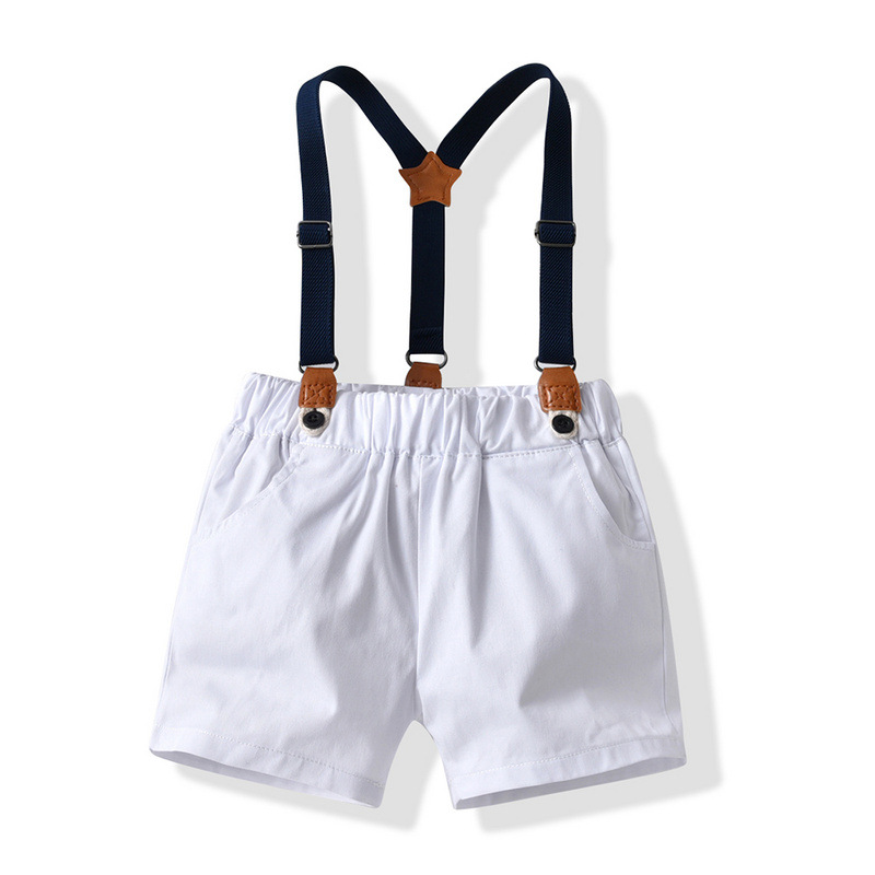 Verano para niños coreanos con collar rayado corbata de manga corta cardigan con pantalones de dos piezas de vestido de boda para niños modelado