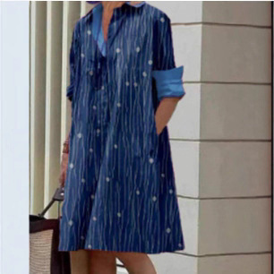 2022 Amazon Autumn New Products Fashionable and Elegant Polka Dot Print Shirt Collar Long-Sleeved Mid-Length Dress