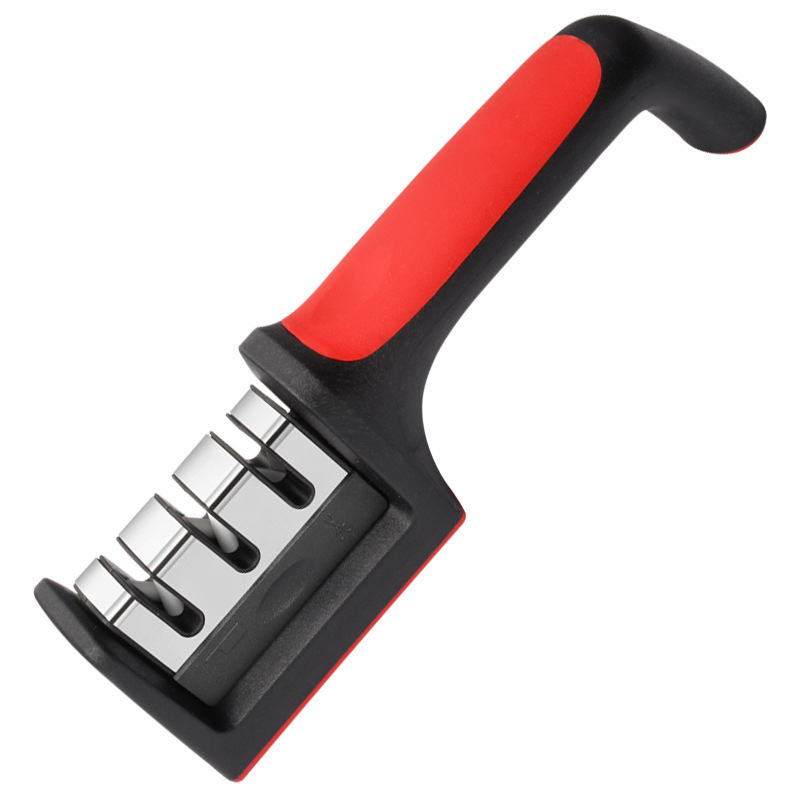 Fábrica mayorista de acero inoxidable doméstico multifuncional tres o cuatro piezas afiladora de cuchillo de cocina manual afiladora