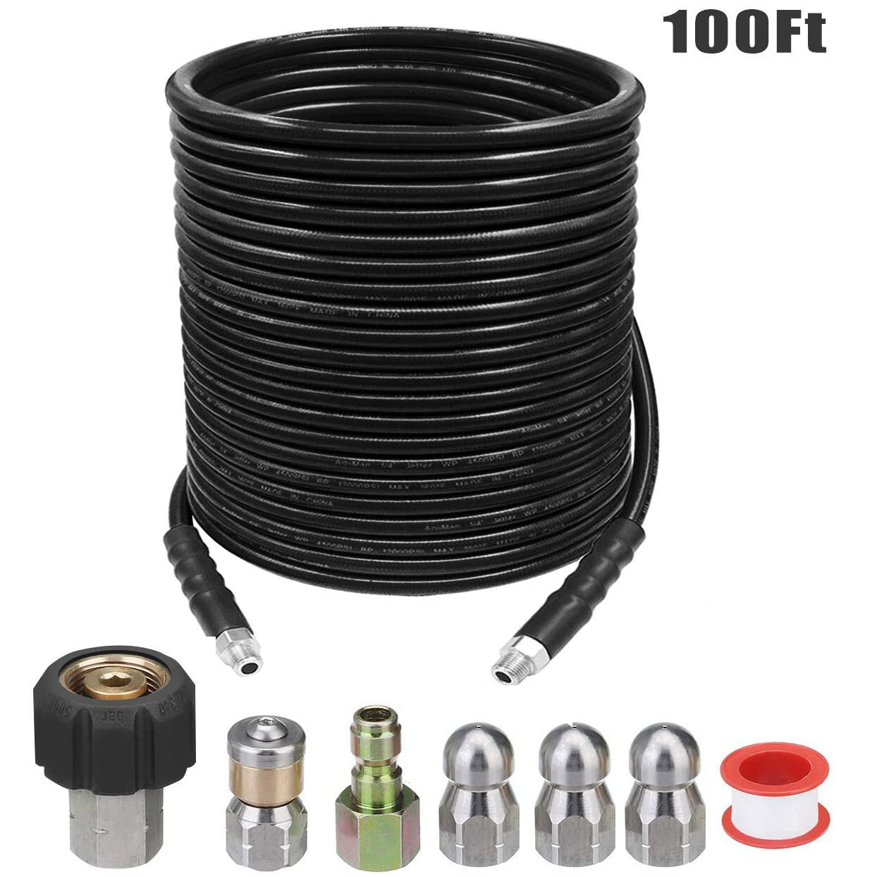 跨境高压清洗机下水道冲洗器疏通套件 1/4英寸 100FT软管 5800PSI