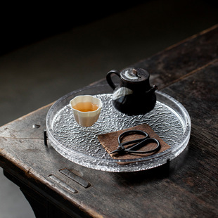 Crystal Glass Round Tea Tray Frosted Transparent Creative Dry Brewing Tea Table Small Tea Tray Pot with Refreshment Tray