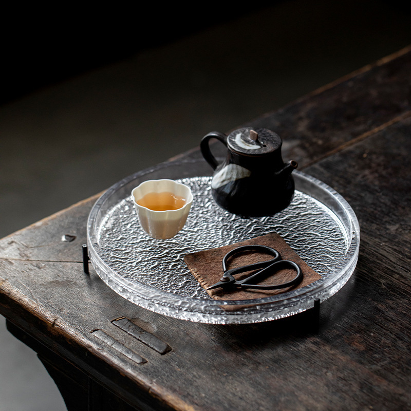 水晶ガラス円形茶盤フロスト透明創意乾燥泡茶台小茶盤壺承茶点盤|undefined