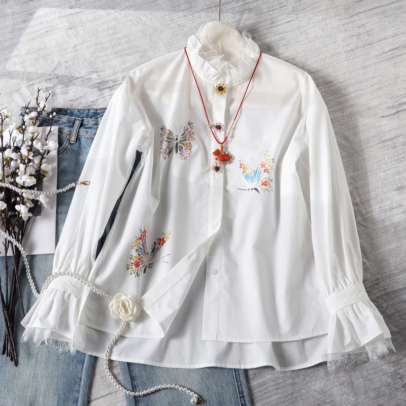 2026 New Printed Cotton Shirt for Women with Ruffled Collar, Lace Flared Sleeves, Fresh and Artistic, Fashionable and Sweet Top