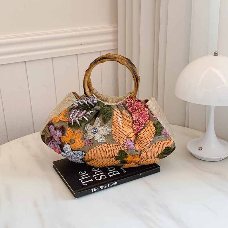 New Chinese Style Heavy-Duty Bamboo Handbag for Women 2025 New Embroidered Flower Sequin Bamboo Leaf Bamboo Handbag