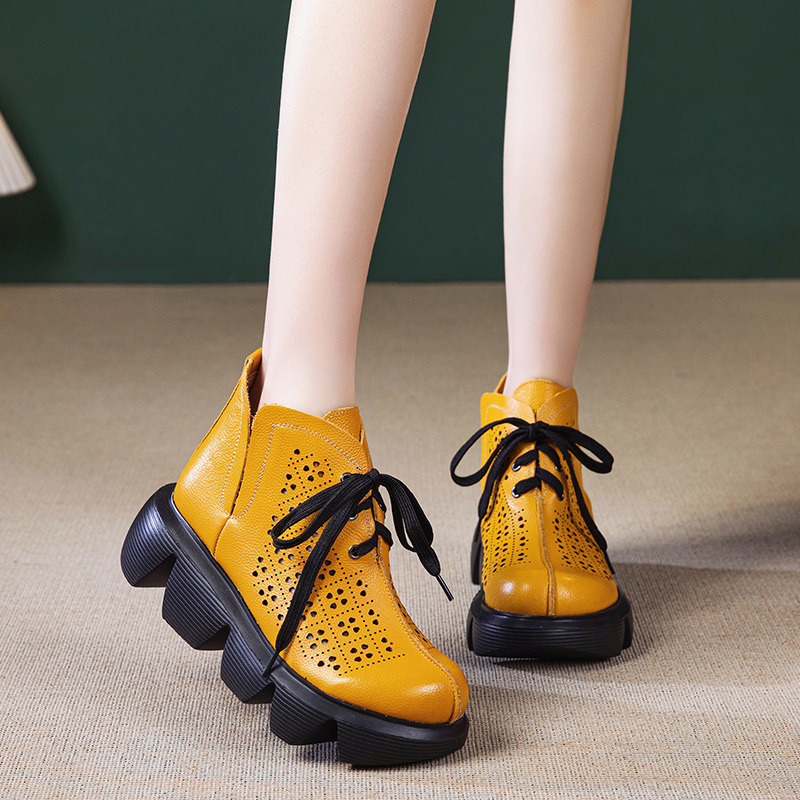 [Ultra-Light Thick Sole] First-Layer Cowhide Summer Perforated Thick-Soled Lace-Up Genuine Leather Boots Women's Shoes Boots Short Boots