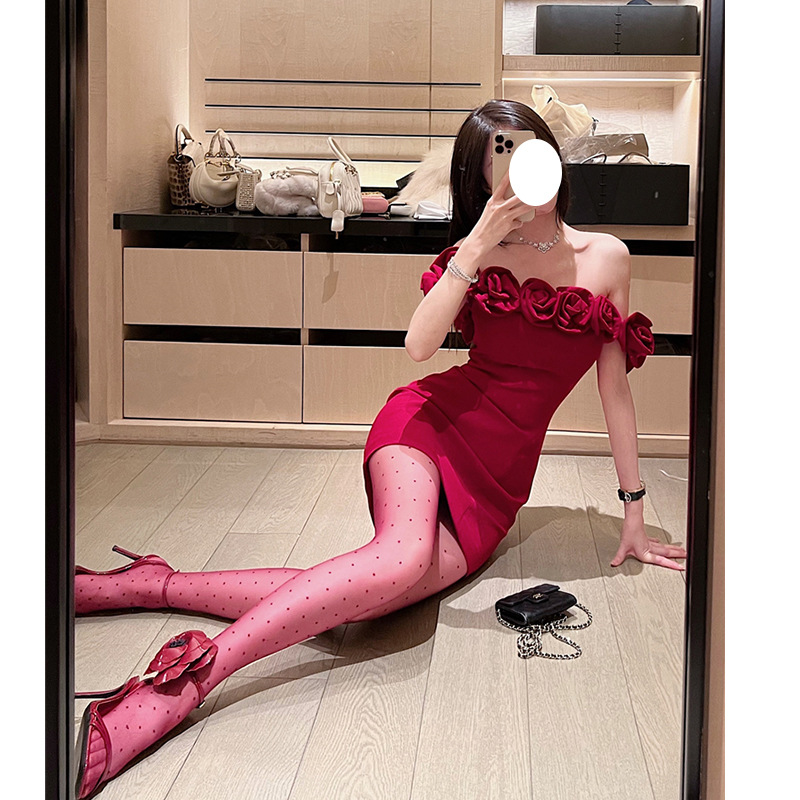 Vintage Rose Off-shoulder dress Women's Summer New Style Elegant Celebrity Banquet Party Dress Hip Skirt