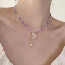 小众设计感复古紫色水晶串珠花簇吊坠项链超仙森系锁骨链颈链新款