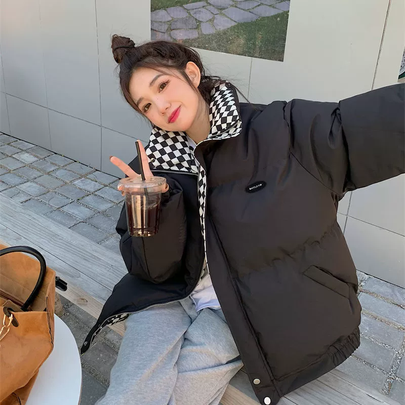 Jacket (Chess) Oversize Puffer, Winter Coat with Checkerboard Lining, Trendy Bread Style