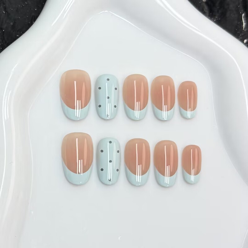 Blue polka dot French style 30-piece cat-eye high-end natural-looking pre-made nail tips wholesale macaron nail tips that enhance skin tone Blue polka dot French style 30-piece cat-eye high-end natural-looking pre-made nail tips wholesale macaron nail tips that enhance skin tone