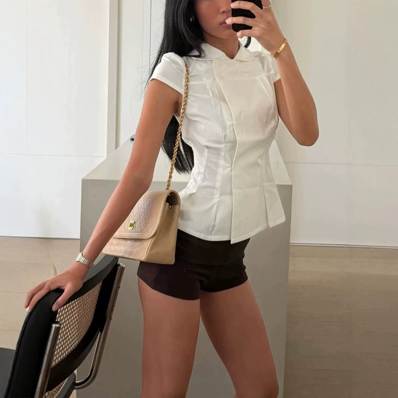 Peacy White Shirt with Doll Collar, Cinched Waist, and Short Sleeves Peacy White Shirt with Doll Collar, Cinched Waist, and Short Sleeves