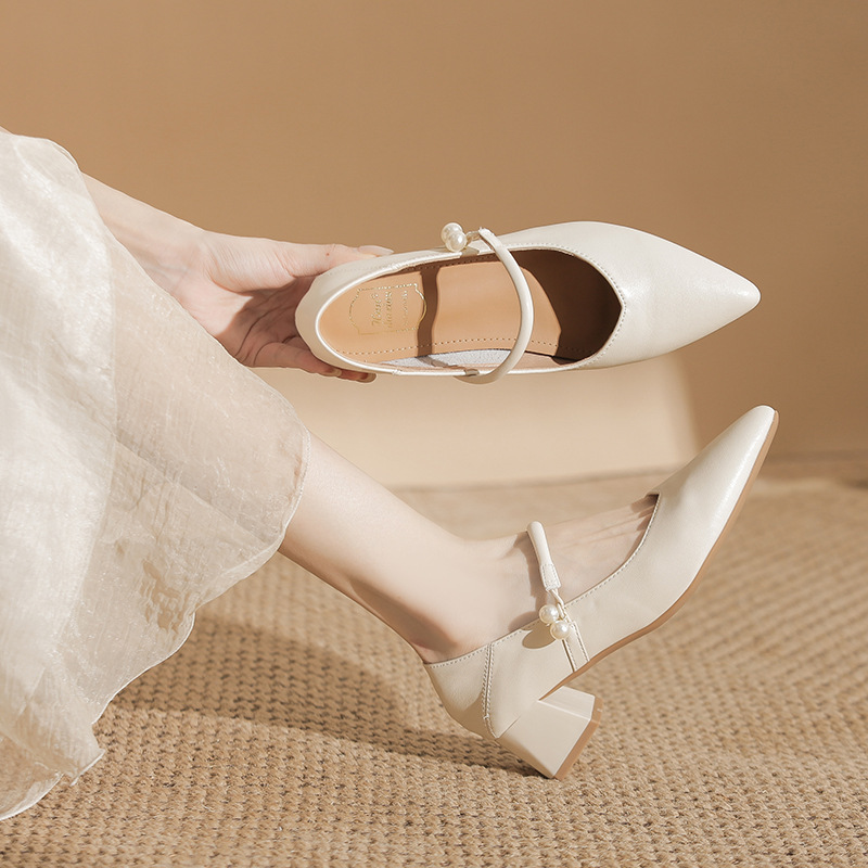 French-Style Chunky Heel Genuine Leather Mary Jane Women's Shoes, Chanel-Inspired Shallow Pointed Evening Style with Skirt, Women's Leather Shoes French-Style Chunky Heel Genuine Leather Mary Jane Women's Shoes, Chanel-Inspired Shallow Pointed Evening Style with Skirt, Women's Leather Shoes