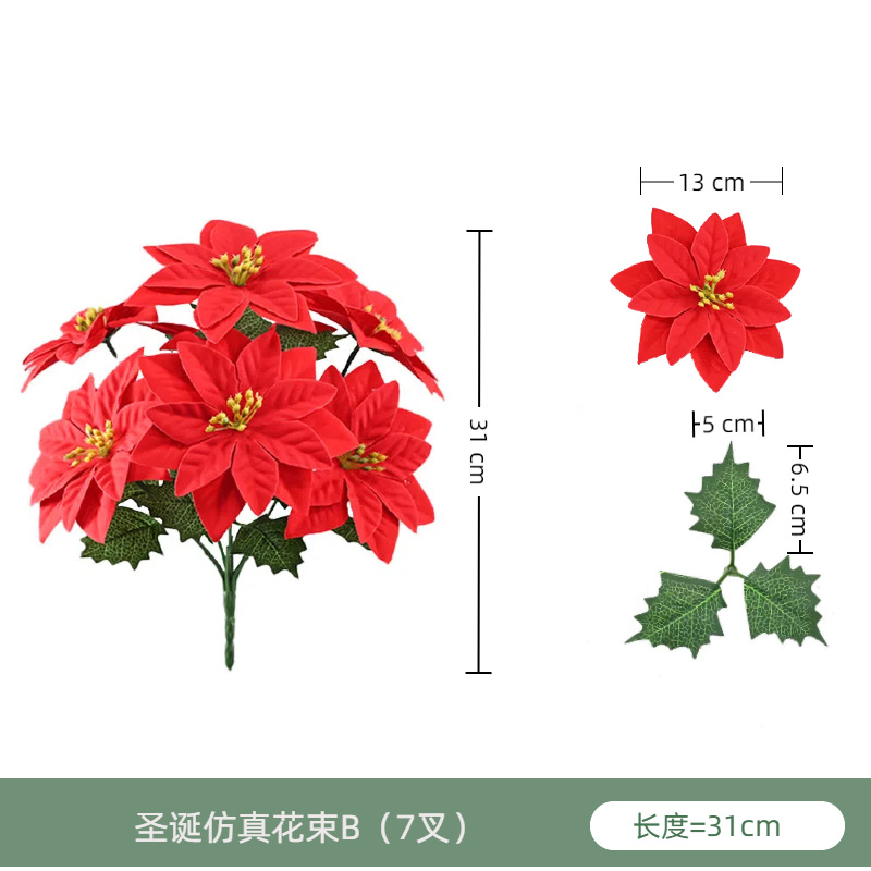 Simulación de flores 7 flores de Navidad flores falsas hojas espinosas una decoración de Navidad poinsettia flores de Navidad explosión