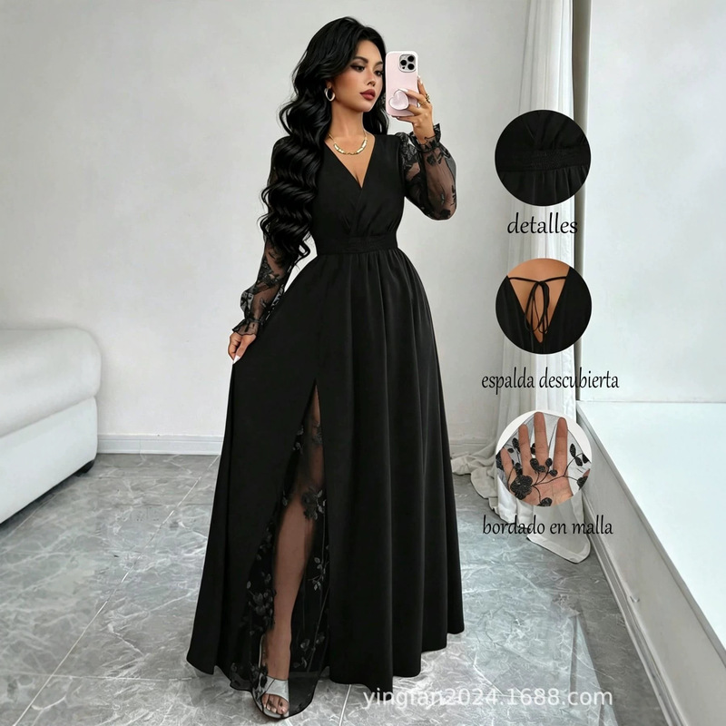 2026 New Plus Size Women's Sexy Solid Color Lace Patchwork Long Sleeve Elegant Fashionable V-Neck Dress 2026 New Plus Size Women's Sexy Solid Color Lace Patchwork Long Sleeve Elegant Fashionable V-Neck Dress