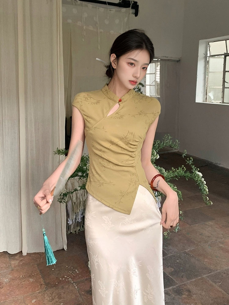 Váy midi acetate in hoa phong cách Trung Hoa mới mùa hè 2025 — Màu đen, Màu vàng, Màu hồng, Màu trắng