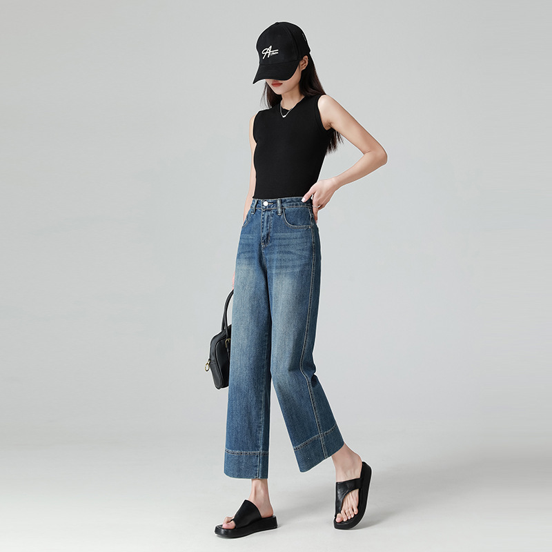 Vintage Blue Straight-Leg Jeans for Women, 2026 Spring and Autumn New High-Waisted Slim-Fit Cropped Baguette Cigarette Pants for Petite Figures
