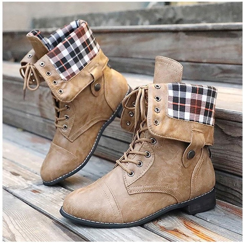New European and American Style Round-Toe High-Top Martin Boots, Flat Brown Single Boots, Chunky Heel, Large Size Women's Shoes, Cross-Border