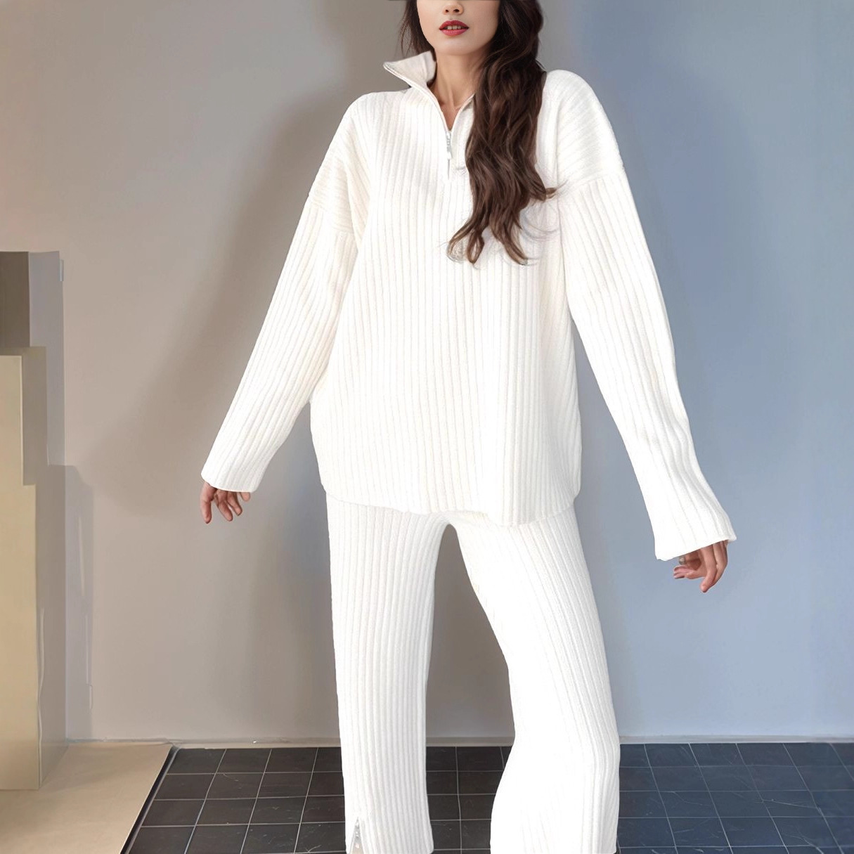 2025欧美跨境秋冬新款女装纯色拉链针织套装高领坑条家居服两件套