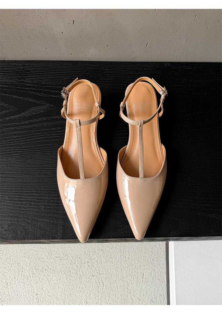 Sandal nữ mũi nhọn da bò sơn mài quai T khóa, gót 4.5 cm, phong cách Hàn Quốc — đen chi tiết 31