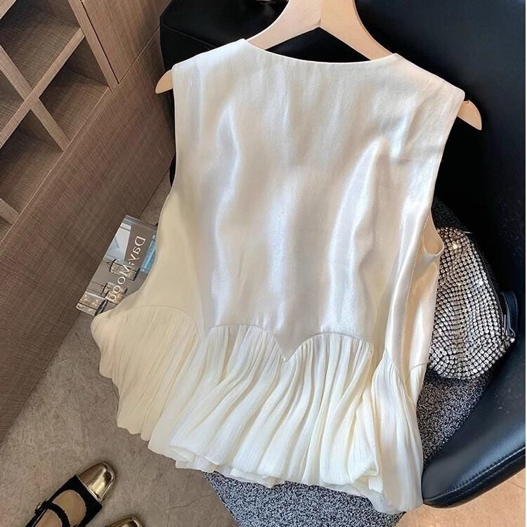 Ruffled Edge Patchwork Pearlescent Satin Sleeveless Top for Women 2026 Summer New Style French Gentle Temperament Age-Reducing Vest