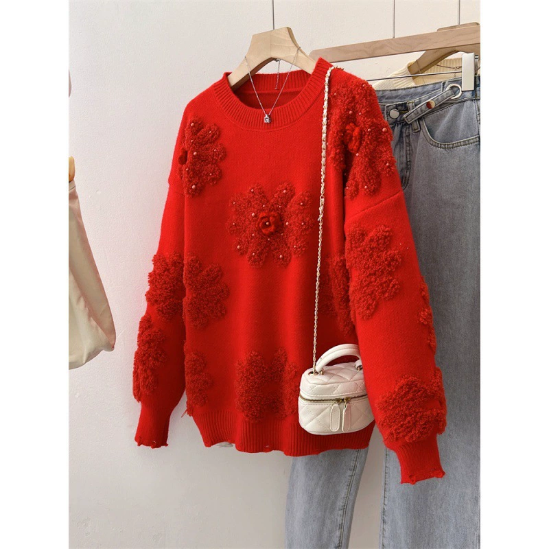 Корейский нежный ветер флокирован мягкий свитер с круглым вырезом женский осенний и зимний новый свободный бус цветы трикотаж прилив